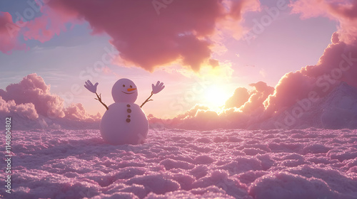 Joyful Snowman 3D Render in Pink Sunset