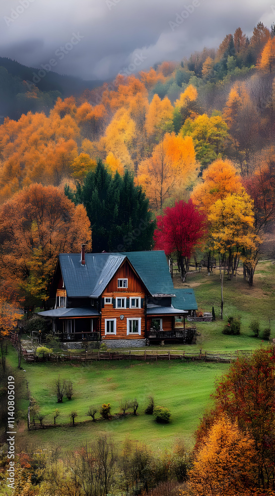 A cozy wooden house surrounded by vibrant autumn foliage in a serene landscape. A cozy wooden house surrounded by vibrant autumn foliage in a serene landscape.