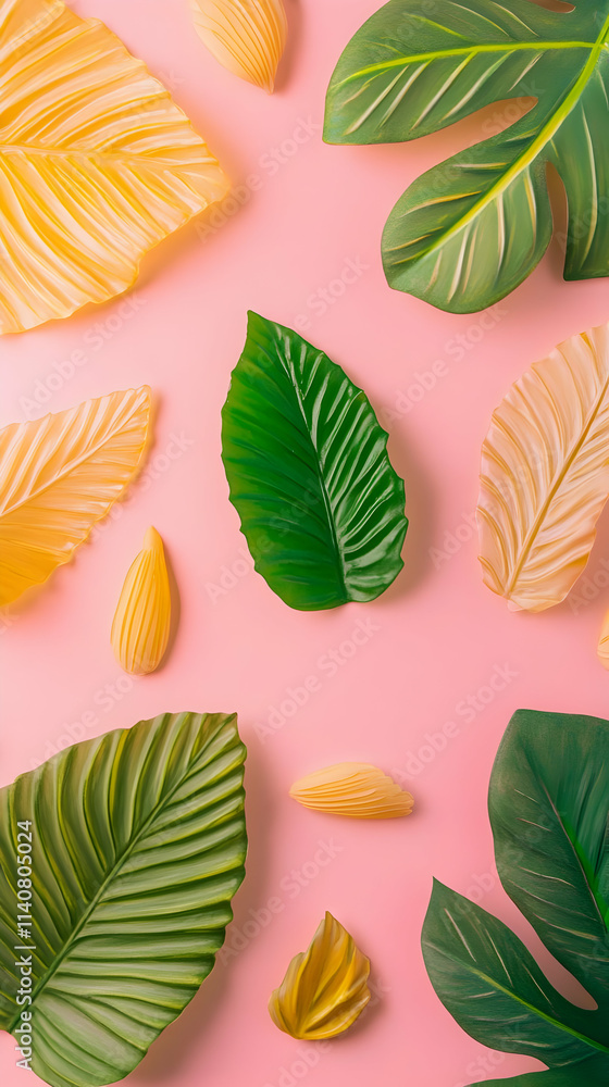 Obraz premium A vibrant arrangement of colorful tropical leaves on a pink background.