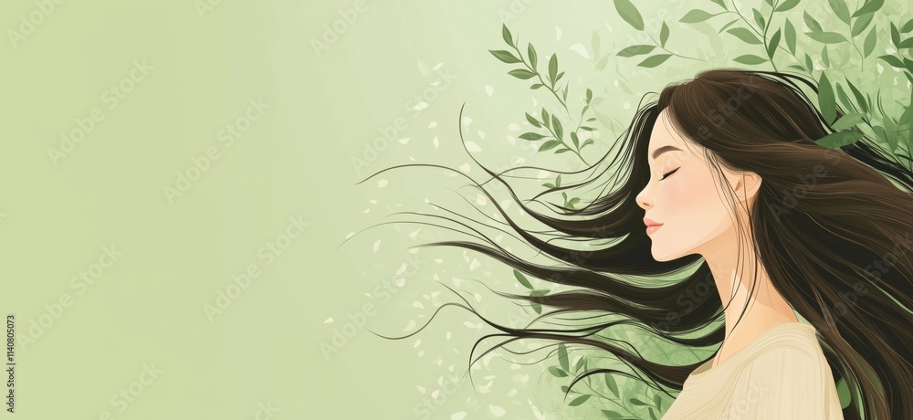 Serene woman with flowing hair surrounded by leaves, peaceful expression, soft green background, nature-inspired illustration, copy space for text Serene woman with flowing hair surrounded by leaves, peaceful expression, soft green background, nature-inspired illustration, copy space for text