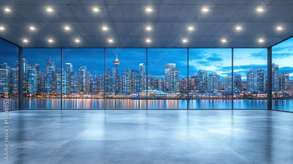Modern interior with panoramic city skyline view at dusk. Modern interior with panoramic city skyline view at dusk.