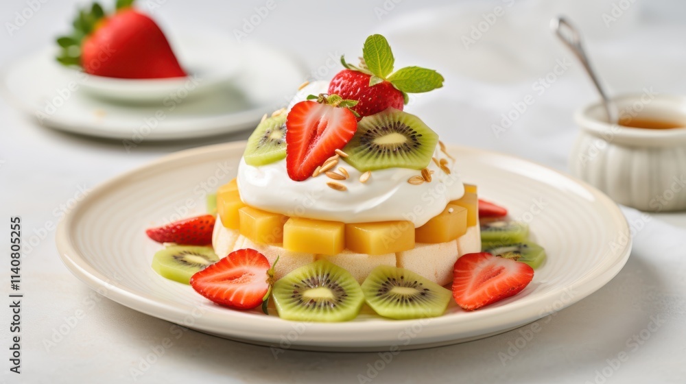 Delicious fruit dessert with strawberries, kiwi, and cream. A tempting treat that is both colorful and refreshing for any occasion. Delicious fruit dessert with strawberries, kiwi, and cream. A tempting treat that is both colorful and refreshing for any occasion.