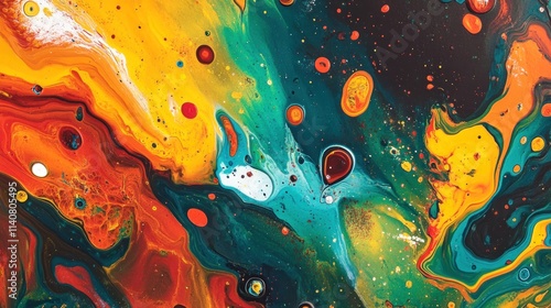 Abstract Fluid Art with Vibrant Swirls of Yellow, Red, Blue, and Green