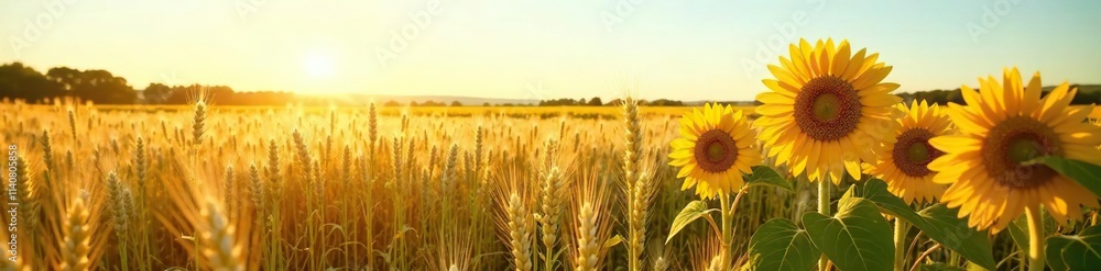 Obraz premium Tall stalks of wheat and sunflowers in a field, harvest, crops