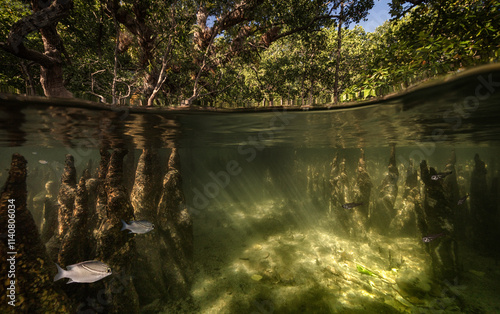 Eye level with a split shot of a Mangrove Swamp.