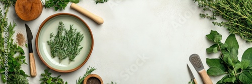 Drying Herbs on Garden Table - Fresh herbs drying on a rustic garden table, symbolizing nature, freshness, culinary arts, homegrown produce, and healthy cooking. photo