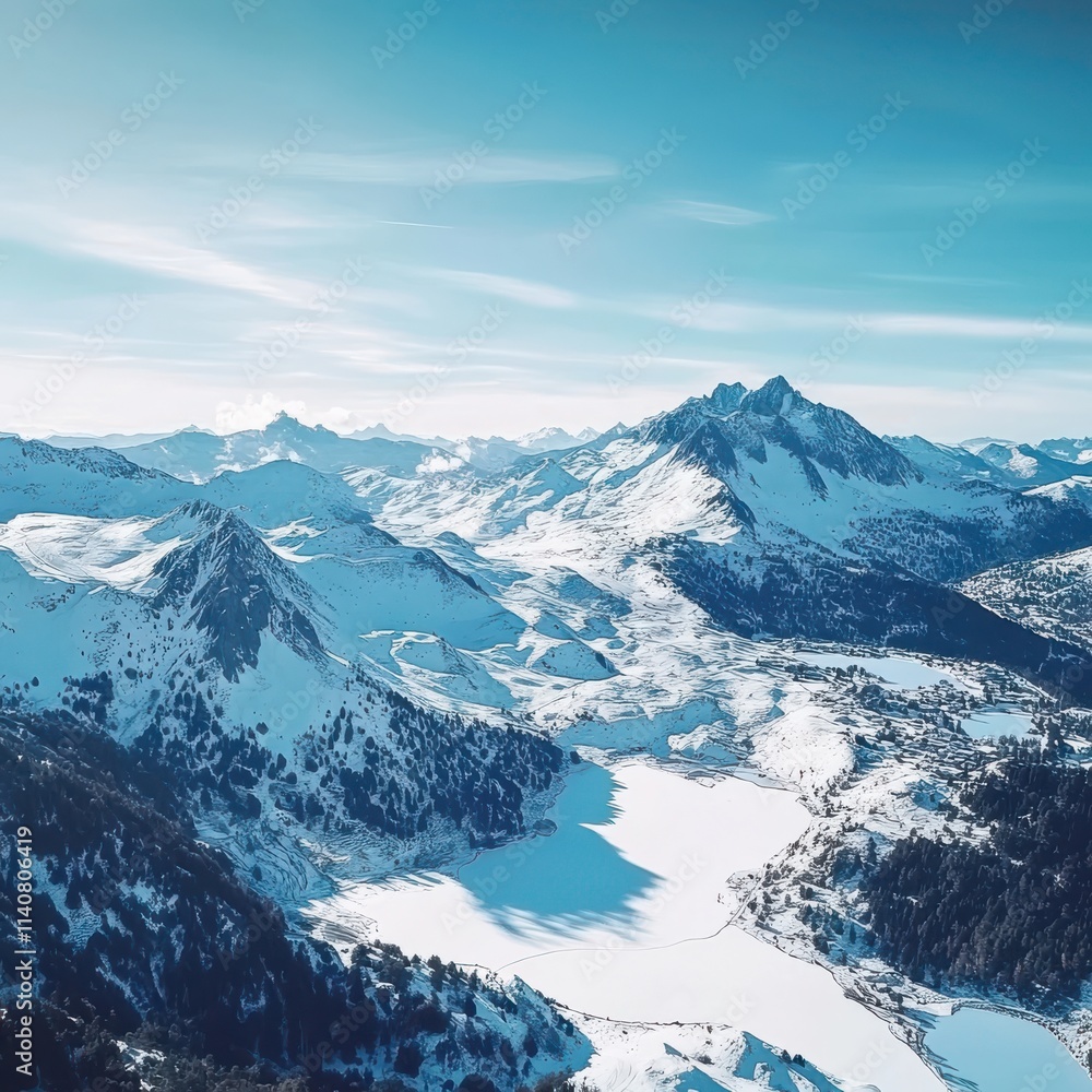 Fototapeta premium Stunning winter landscape in the mountains with a frozen lake and snow-covered peaks under a clear blue sky. Perfect for nature lovers and winter enthusiasts.
