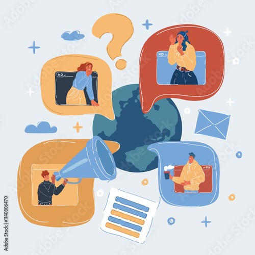 Cartoon vector illustration of World globe. People make conversation online. Media networking service concept