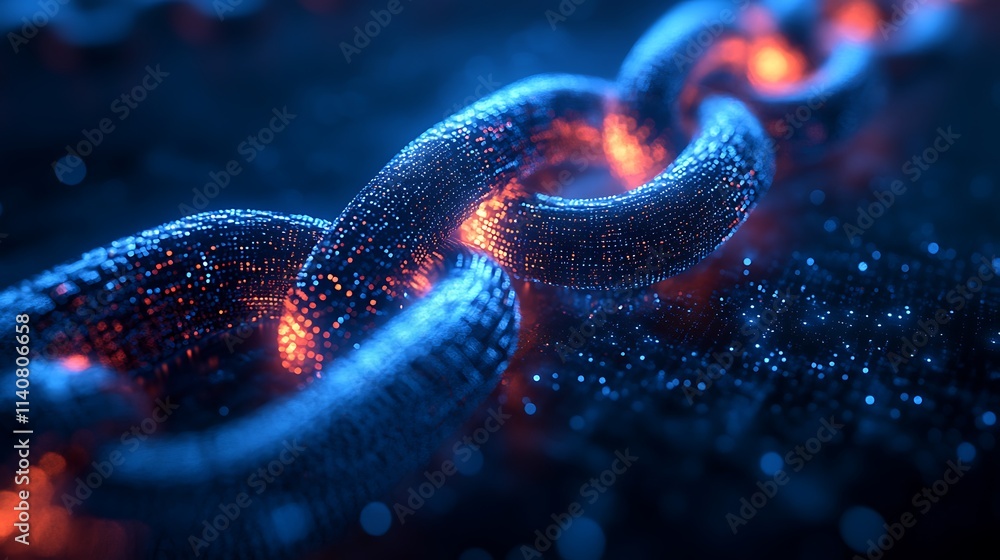 Intricate chain links glow with vibrant blue and orange hues. Intricate chain links glow with vibrant blue and orange hues.