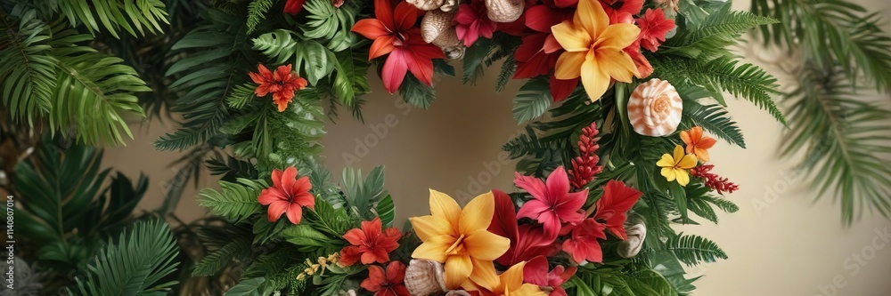 Tropical flower wreath on a Christmas tree with seashells and tropical leaves, coastal christmas wreath, festive beachside decoration Tropical flower wreath on a Christmas tree with seashells and tropical leaves, coastal christmas wreath, festive beachside decoration