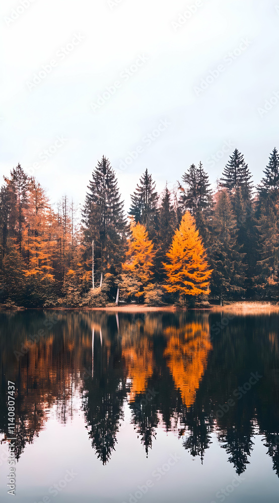 A serene autumn landscape reflecting colorful trees on a calm lake. A serene autumn landscape reflecting colorful trees on a calm lake.
