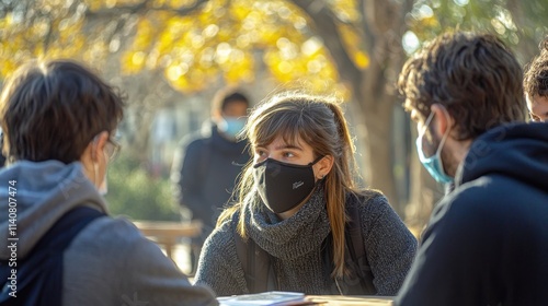 A dynamic image of college students in masks collaborating on a group project, showcasing adaptation to new norms photo