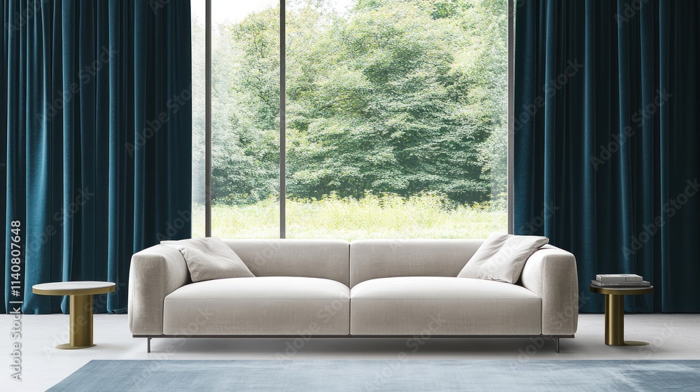 Fototapeta premium Modern Living Room Interior Design with Teal Curtains and a Beige Sofa