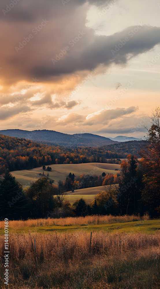 A serene landscape at sunset, showcasing rolling hills and colorful autumn foliage. A serene landscape at sunset, showcasing rolling hills and colorful autumn foliage.