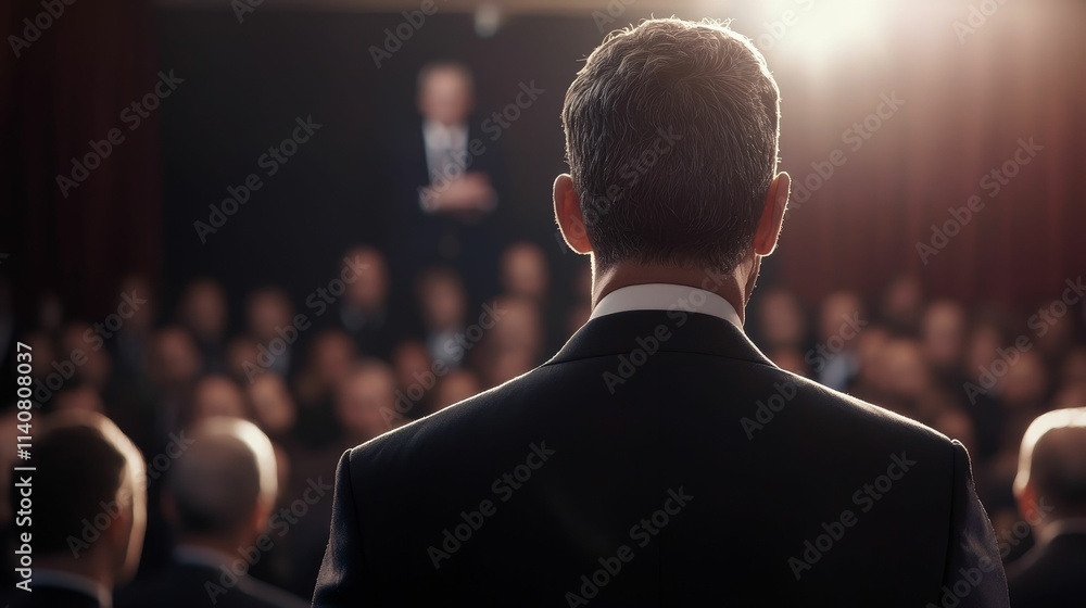 Man's back, suit, audience, speaker, presentation. Man's back, suit, audience, speaker, presentation.