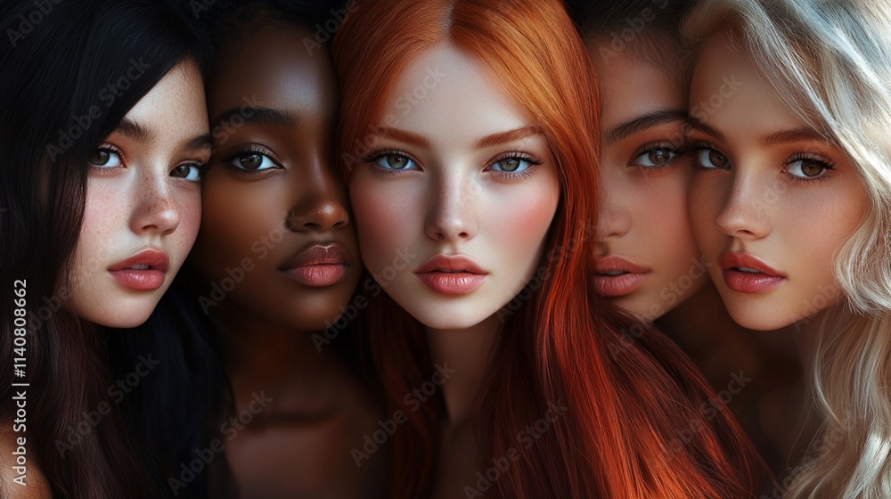 Diverse female faces in artistic portrait composition showcase different skin tones and hair colors, from dark to light, highlighting natural beauty and inclusivity in modern beauty standards. Diverse female faces in artistic portrait composition showcase different skin tones and hair colors, from dark to light, highlighting natural beauty and inclusivity in modern beauty standards.