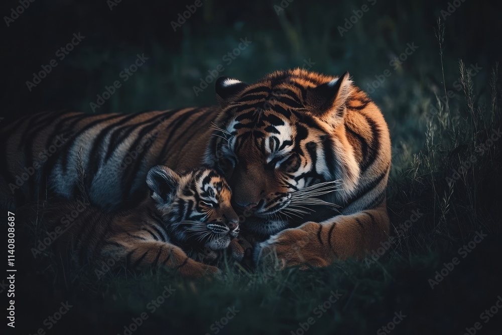A tender moment between a mother tiger and her cub in a serene, dark environment. A tender moment between a mother tiger and her cub in a serene, dark environment.