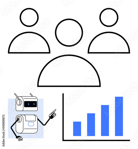 Three simplistic human figures robot holding pointing instrument, bar chart in blue. Ideal for teamwork, AI integration, collaboration, data analysis, growth, productivity, future technology. Line