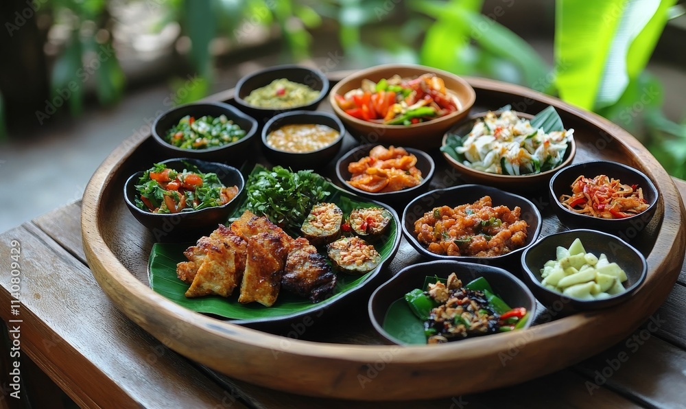 Assorted dishes served on a wooden platter. Assorted dishes served on a wooden platter.