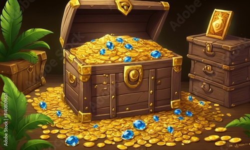 Growing gold and diamond treasure pile. Cartoon game assets of gems and coins stack, bag and old wooden chest full and overflowing. Fantasy adventure and pirate themed wealth element progress steps. photo