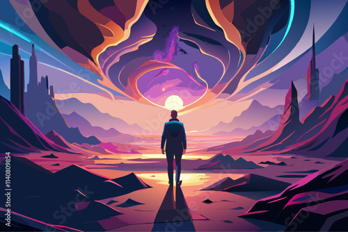 Surreal Sci-Fi Landscape with Solitary Explorer Gazing at Cosmic Phenomenon