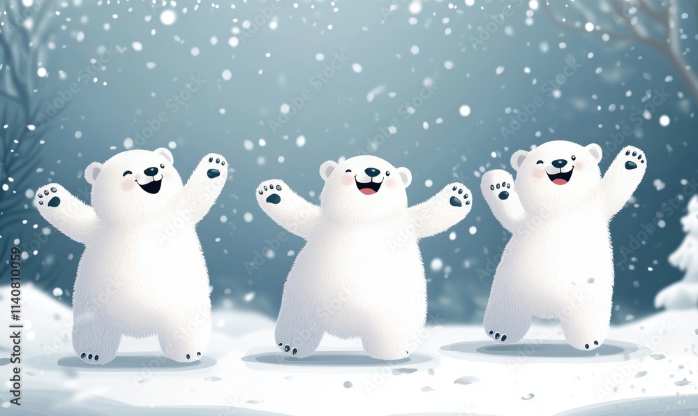 Happy polar bears dancing in snow, three cheerful bears celebrating winter, snowy background, playful atmosphere Happy polar bears dancing in snow, three cheerful bears celebrating winter, snowy background, playful atmosphere
