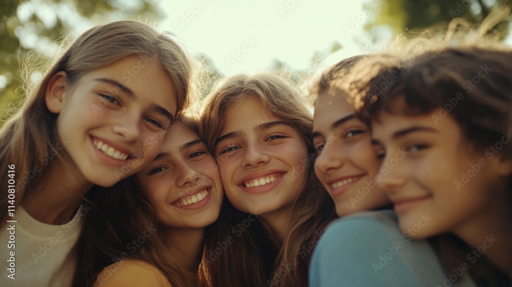Warm summer evening portrait of five young friends huddled together, sharing genuine laughter and joy, their faces glowing in golden sunlight, creating perfect moment of youth and friendship. Warm summer evening portrait of five young friends huddled together, sharing genuine laughter and joy, their faces glowing in golden sunlight, creating perfect moment of youth and friendship.