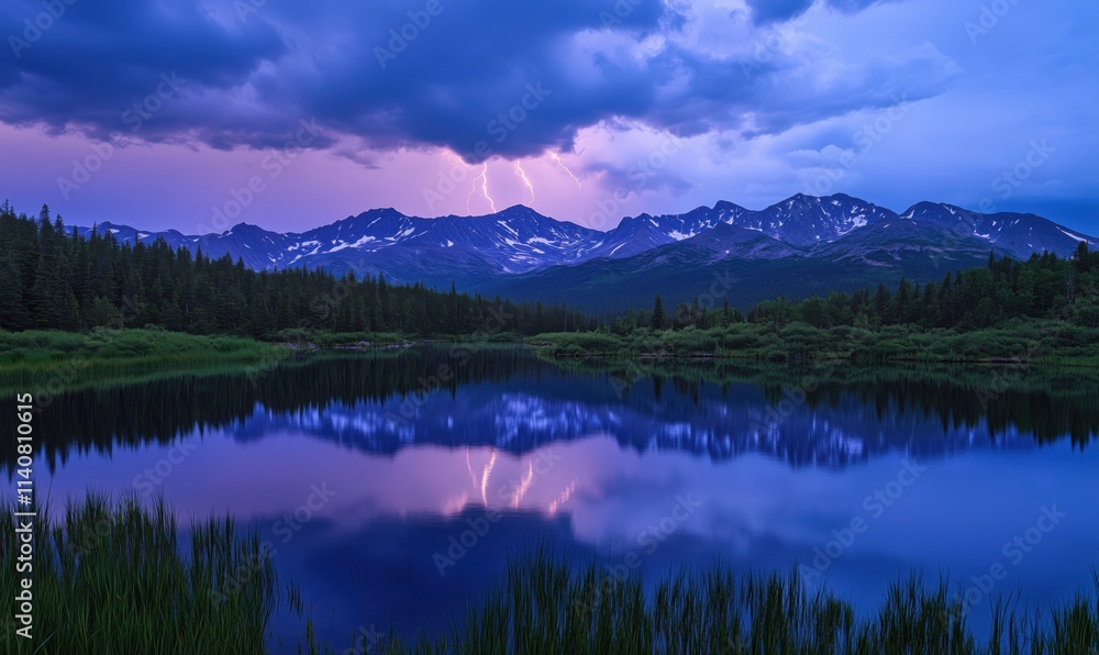 Fototapeta premium Lightning striking mountains reflected in lake, dramatic sky, lush greenery, serene landscape