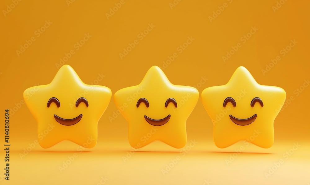 Fototapeta premium Smiling yellow stars on orange background, three cheerful star characters with happy expressions, playful and vibrant design