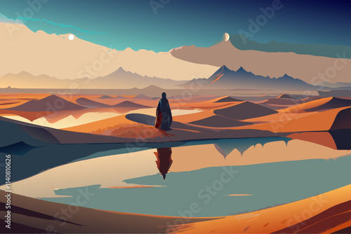 Solitary Figure Contemplating at Desert Oasis at Twilight