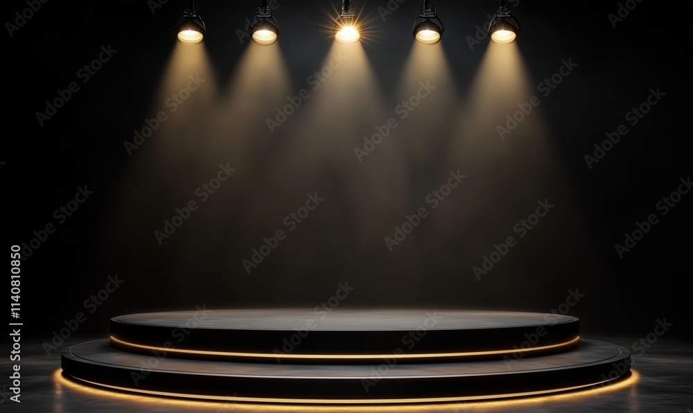 Obraz premium Spotlit stage with circular platform, dramatic lighting, dark background, ideal for performances