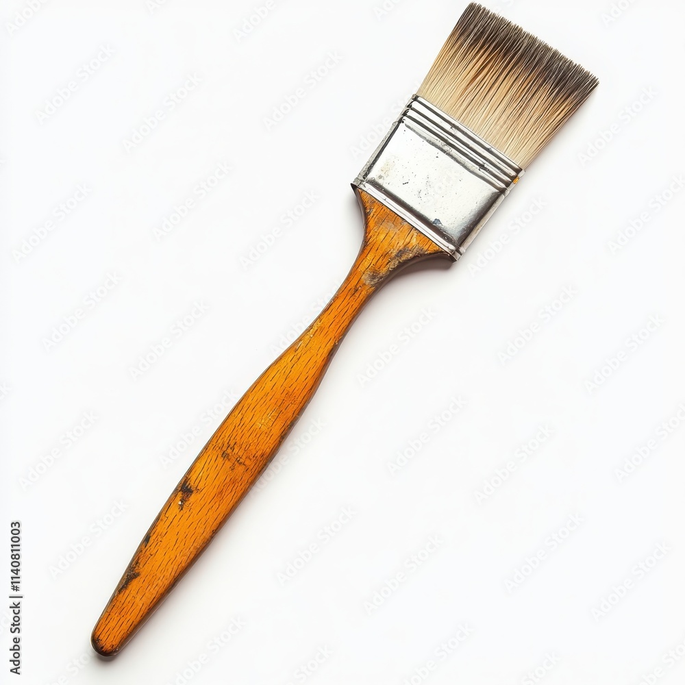 A classic paintbrush with a wooden handle and soft bristles on a white background A classic paintbrush with a wooden handle and soft bristles on a white background