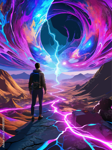 Explorer Gazing at a Cosmic Vortex in Vivid Fantasy Landscape