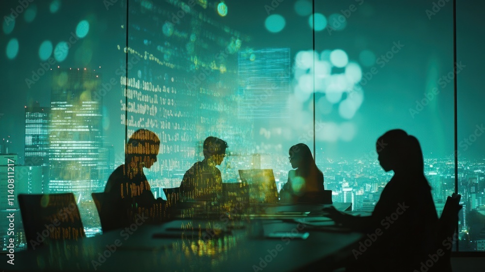A group of professionals collaborates in a modern office with digital overlays. A group of professionals collaborates in a modern office with digital overlays.
