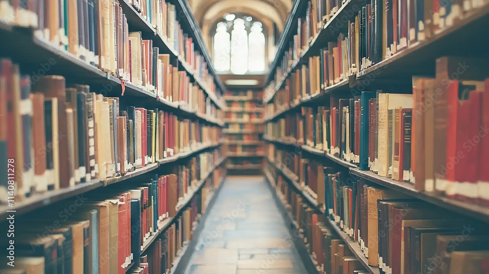 Fototapeta premium A serene library aisle filled with books and natural light.