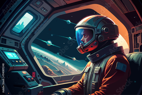 Intrepid Astronaut Gazing into Deep Space from Spacecraft Cockpit
