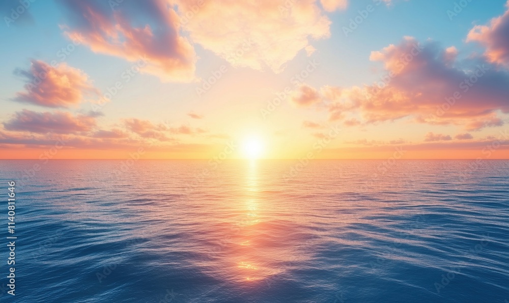 Obraz premium Sunset over ocean, vibrant colors reflecting on water surface, serene atmosphere, clouds scattered in sky