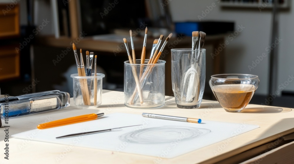 Artist's Workspace Still Life - Peaceful artist's studio scene. Brushes, pencils, tea, and a sketchpad symbolize creativity, calm, and artistic process. Natural light enhances the mood. Focus on de Artist's Workspace Still Life - Peaceful artist's studio scene. Brushes, pencils, tea, and a sketchpad symbolize creativity, calm, and artistic process. Natural light enhances the mood. Focus on de