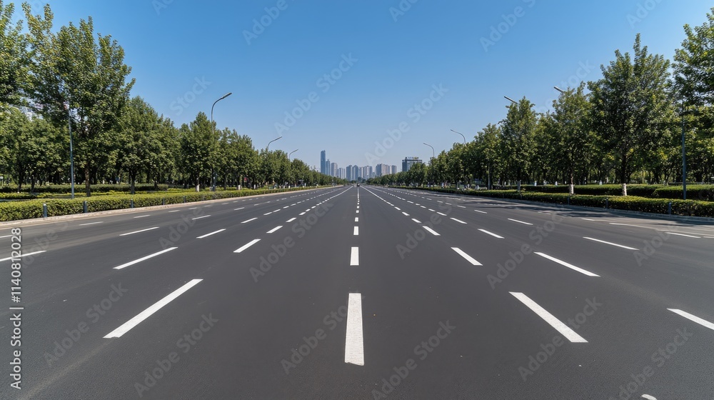 Bright urban landscape featuring a clean road, modern buildings, lush greenery, and a clear blue sky creating a lively atmosphere Bright urban landscape featuring a clean road, modern buildings, lush greenery, and a clear blue sky creating a lively atmosphere