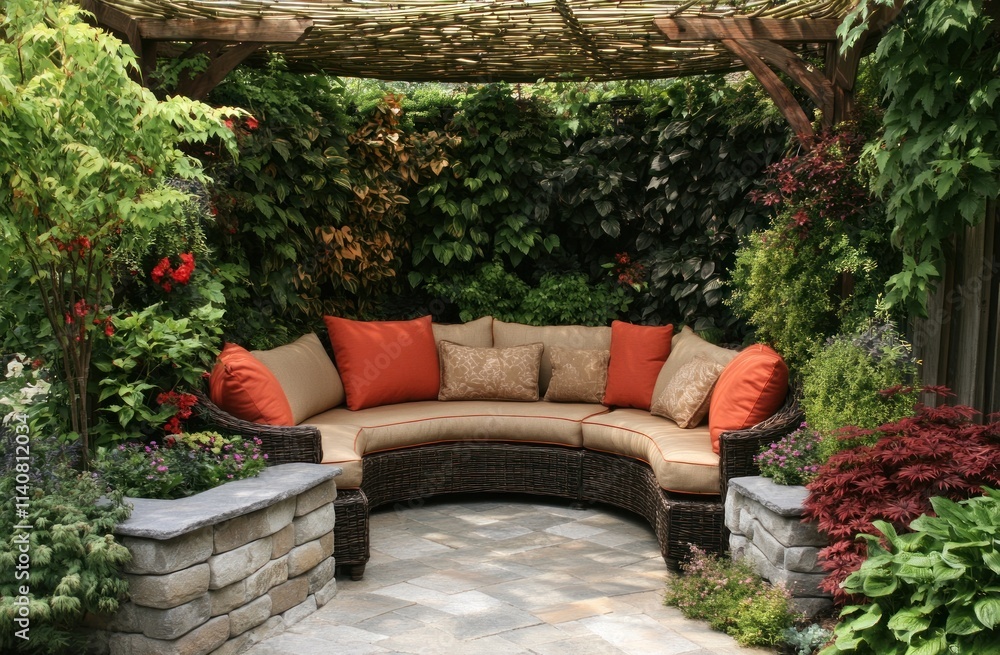 Cozy outdoor seating area surrounded by lush greenery and vibrant flowers. Cozy outdoor seating area surrounded by lush greenery and vibrant flowers.
