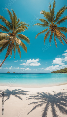 beautiful tropical beach with palm trees, turquoise water, and white sand. Sunny skies photo