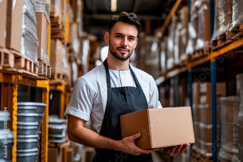 Smiling warehouse worker organizes packages in a busy storage facility