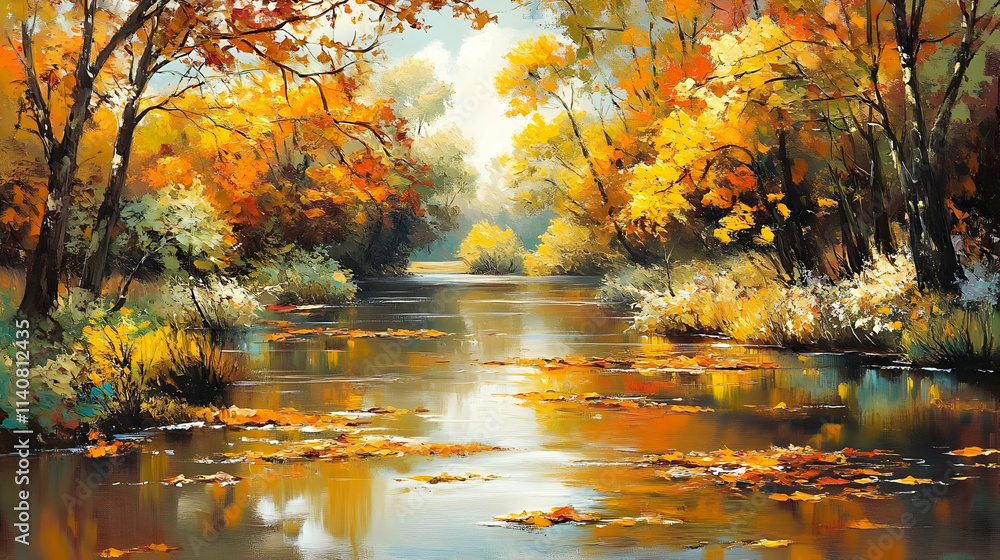 Obraz premium A serene autumn landscape featuring a tranquil river surrounded by colorful foliage.