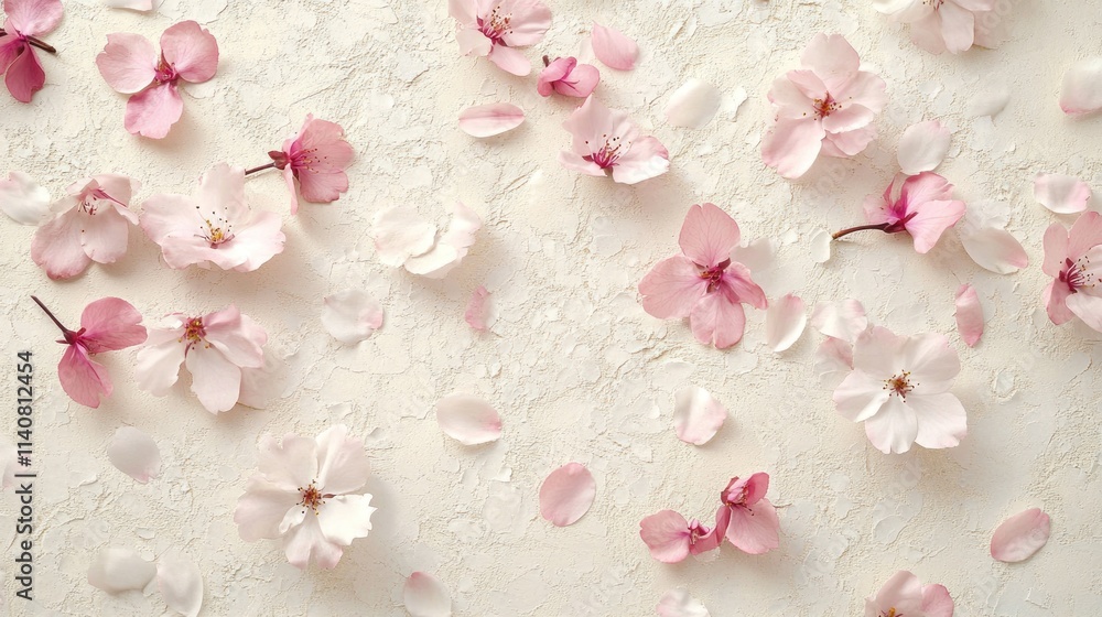 Falling Petals on Smooth Paper a spring-inspired background featuring scattered cherry blossom petals in pink and white gently floating across a plain light beige paper texture. Falling Petals on Smooth Paper a spring-inspired background featuring scattered cherry blossom petals in pink and white gently floating across a plain light beige paper texture.