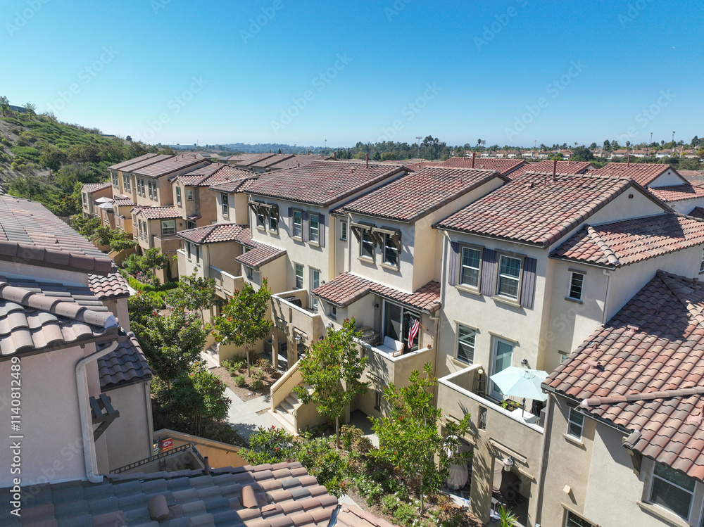 Aerial view of middle class community identical condominium apartment, Oceanside, South California, USA.