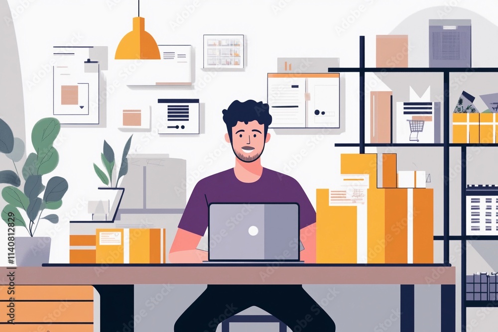 Creative workspace with a young man focused on his work in a vibrant and organized setting Creative workspace with a young man focused on his work in a vibrant and organized setting