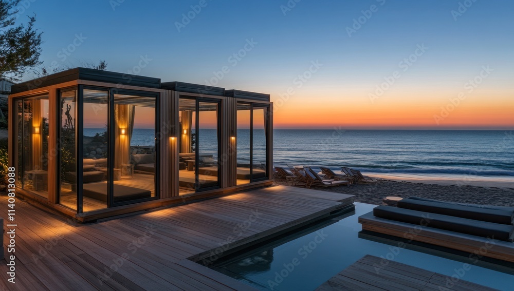 Modern beach house at sunset with glass walls and a serene ocean view. Modern beach house at sunset with glass walls and a serene ocean view.