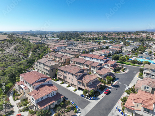 Obraz na płótnie Aerial view of middle class community identical condominium apartment, Oceanside, South California, USA. w salonie