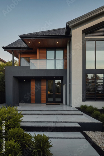 Wallpaper Mural Modern two-story house with dark gray exterior, wood-toned accents, and large windows.  Stone steps lead to the entrance.  Landscaping includes low shrubs. Torontodigital.ca