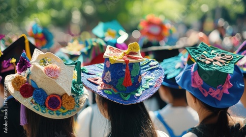 A playful scene of graduates wearing colorful hats with various designs, showing creativity and personality
